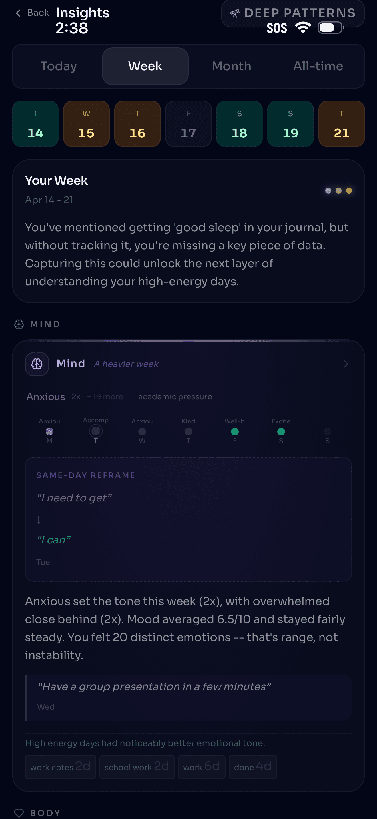 Your Week — deep patterns across 7 days with emotion ladder and reframes